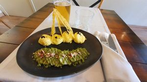 Peru starter, raw, lasagne and cheesecake at Level Veggie Bistro in Madrid