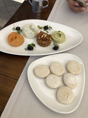 Mezze platter & pita bread  at Level Veggie Bistro in Madrid