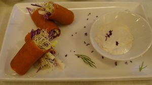 veggie  rolls with cashew creme at Level Veggie Bistro in Madrid