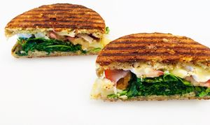 Panini with brie, organic fresh strawberry, organic arugula, raw organic walnuts on gluten-free bread  at The Juice Place in Charlottesville