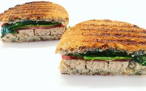 Panini with grilled tempeh, lettuce, tomato and pink salt & pepper on gluten-free bread  at The Juice Place in Charlottesville