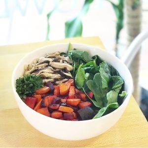 Build your own rice bowl with shitake, spinach, and roasted root vegetables  at The Juice Place in Charlottesville