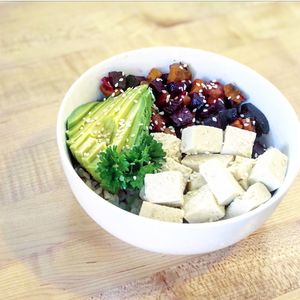 build your own rice bowl with avocado, roasted root veggies, organic tofu  at The Juice Place in Charlottesville