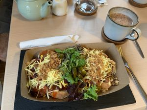 The vegan chilli dog & vegan hot chocolate  at White's Bakehouse in Bridlington