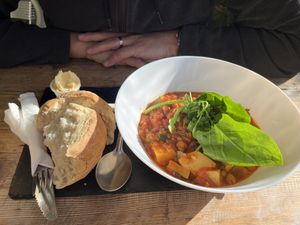 Autumn stew with homemade bread and vegan spread.   at White's Bakehouse in Bridlington
