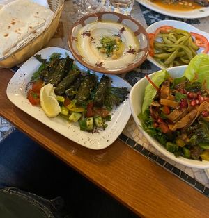 Stuffed vine leaves, pickles, hummus n bread, fattoush salad   at The Cedar Tree in Dublin