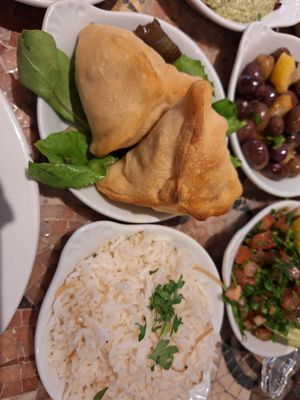 Mezze plates, spinach pastry, rice, olives and palabras at The Cedar Tree in Dublin
