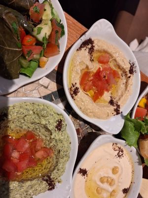 Hummus, baba ghanoush, spinach dip and vine leaves at The Cedar Tree in Dublin