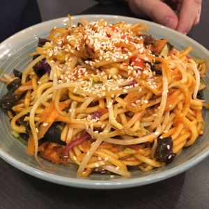 Sriracha noodle dish at Green Time in Auckland