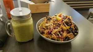 Spicy Mushroom Noodle Bowl with Green Smoothie at Green Time in Auckland