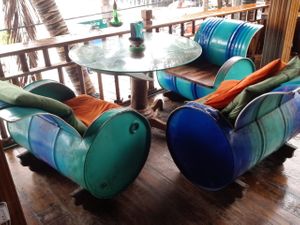 Some of the unique seating inside.  at Think Green Vegan Cafe in Koh Rong