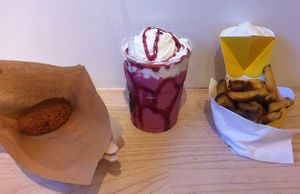 Vegan milkshake + fries + veggie ball. Soooo full! at Freakin Fries in Helsingborg