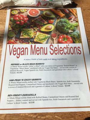 Vegan Menu  at Sam Diegos in Hyannis