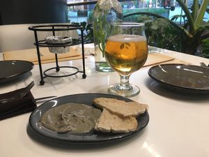 Entrada de cortesía, paté de Ceniza de berenjena :) +cerveza xxl at Vegan Inc - Miyana in Mexico City