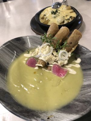 Raclette potatoes and mushroom flautas at Vegan Inc - Miyana in Mexico City