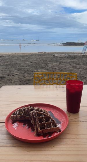 Chocoholic waffle and iced coffee   at Waffle Monkey in Tamarindo