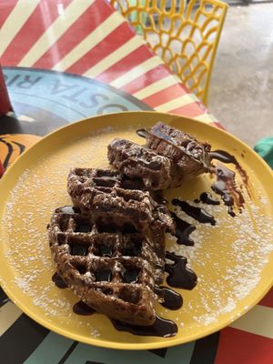 Vegan waffles with chocolate sauce  at Waffle Monkey in Tamarindo