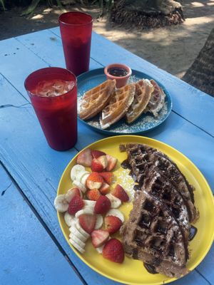 Choco waffle & churro waffle with iced coffees   at Waffle Monkey in Tamarindo