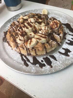 Vegan waffle with peanut butter, banana and chocolate syrup!  at Waffle Monkey in Tamarindo