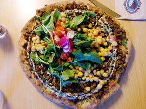 Umm Kulthum - "Lahem-june"
rich dish with fake meat, tahini and vetgtables at Umm Kulthum in Haifa