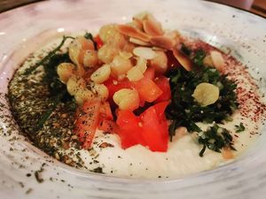 Incredible yogurt/cheese dip made from almonds!!!  All VEGAN! at Umm Kulthum in Haifa