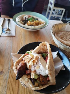 Hummus pita and portobello mushroom shawarma at Umm Kulthum in Haifa