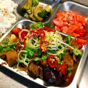 Fried eggplant and seitan from Mad Wok. at 6K Foodmarket in Helsinki