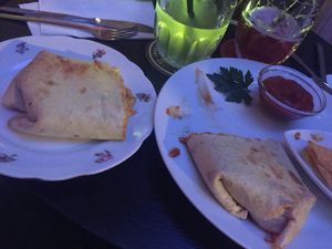 Vegan tortilla (cut in two) with nachos and ketchup at Bämeräng in Berlin