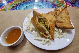 Samosas and mango sauce, very tasty and good size at Red Chilli Indian Restaurant in Corfu