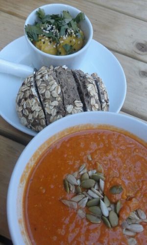 Indian soup and mangohumus with bread at SLA - Kerkplein in The Hague