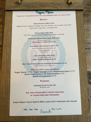 Vegan menu  at The Pudding Pantry in Nottingham