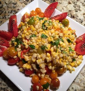 Local roasted corn and tomato salad.  We made our first batch of Seitan this week. We love the results and will be introducing it to the GK menu in the next few weeks.  at Guernsey Kitchen in Cambridge