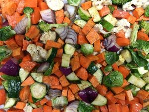 Our side dish of Roasted Veggies is ready for the oven. Seasoned with Garam Masala, Curry and Olive Oil.  at Guernsey Kitchen in Cambridge
