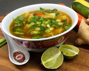 Pho Bowl. Available as a random special. Vegan broth loaded with fresh veggies, rice noodles and mounds of fresh cilantro, jalapeños and lime juice.  at Guernsey Kitchen in Cambridge