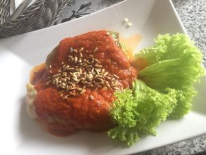 Vg Cabbage rolls with tomato sauce (very filling!) at Green Zebra in Radom