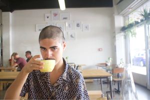 Having a tea in the cafe  at Vitality Kitchen in Tauranga