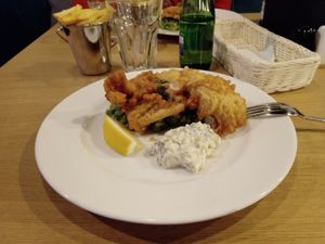 Vegan "fish" & chips. at Cocina Verde in Krakow