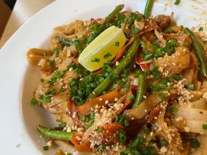 Pad Thai  with Tempeh, seasonal vegetables, rice noodles at Cocina Verde in Krakow