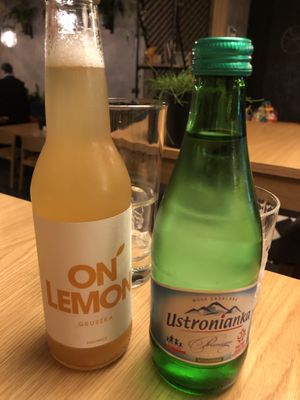 Pear lemonade and water  at Cocina Verde in Krakow