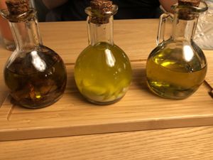 Oil selection: chili, garlic and normal  at Cocina Verde in Krakow