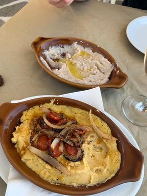 garlic dip (white) and fava (yellow)  at MIRA in Paros