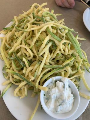 fried zucchini   at MIRA in Paros
