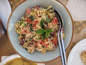 Bulgur salad, with tahini, avocado, cranberries, red peppers, pistachios, mint and orange vinaigrette - delicious!!! at MIRA in Paros