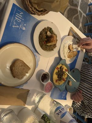 eggplant salad and fava it was sooooo freaking good . i love it! (tzatziki in the back is not vegan!)  at MIRA in Paros