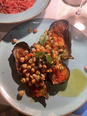 Stuffed eggplant with chickpeas  at MIRA in Paros