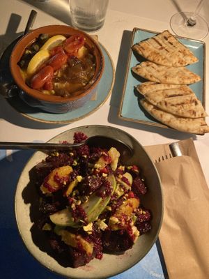 Pita, fava bean purree, beet salad  at MIRA in Paros