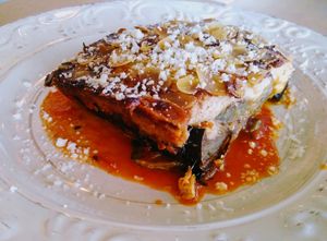 Vegetarian Moussaka "Aubergine Millefeuille" at MIRA in Paros