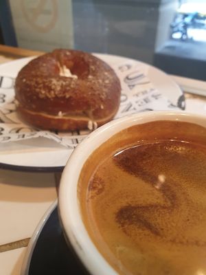 Pretzel bagel and small coffee at 5 & Dime Bagel Co. in Melbourne