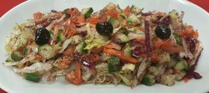 House salad:
Green
Carrot
Red cabbage
Onion
Olive
Cucumber
Tomato
Sheff souse(multi spices) at Mediterrano Turkish and Mediterranean Cuisine in Hillsborough