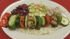 Vegetable kebab:
Zucchini
Mushroom
Green pepper
Red pepper at Mediterrano Turkish and Mediterranean Cuisine in Hillsborough